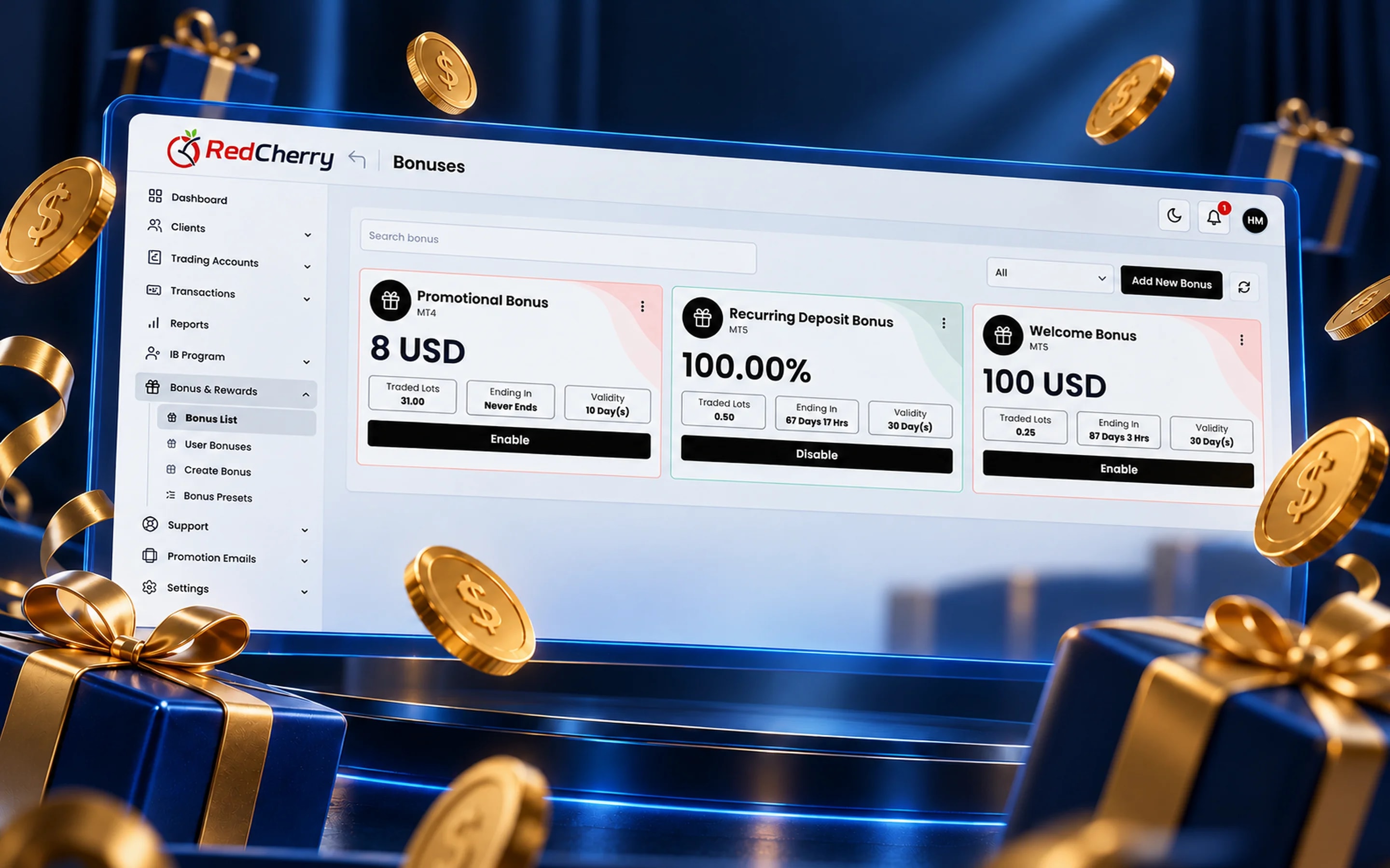Bonus programs in the RedCherry back office